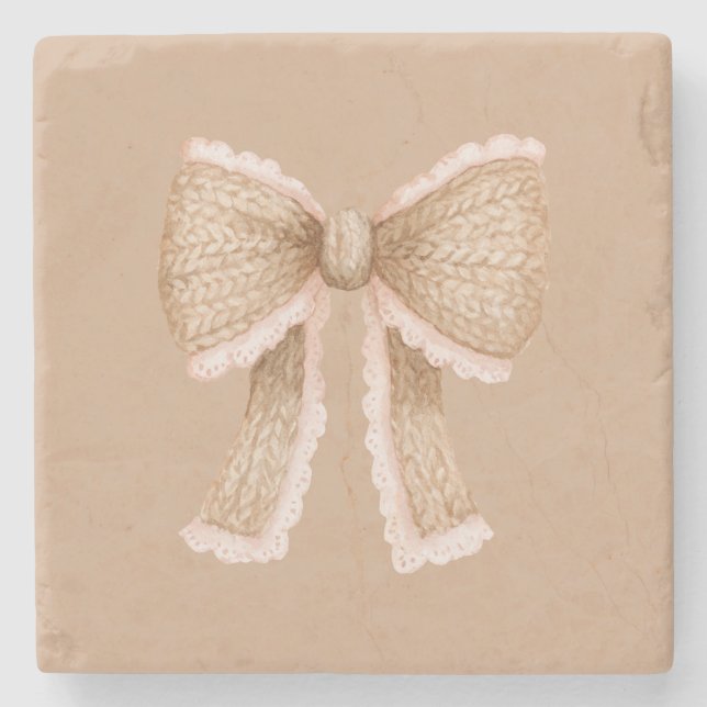 Cozy Pink Cream Bow Stone Coaster (Front)