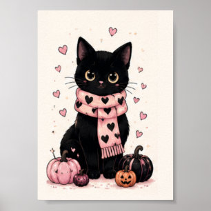 Cozy Pink Heart Scarf Black Cat Poster