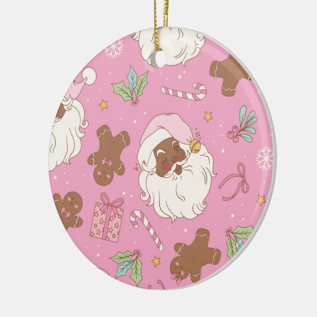 Cozy Pink Pastel Black Santa & Bow Christmas Ceramic Ornament (Left)