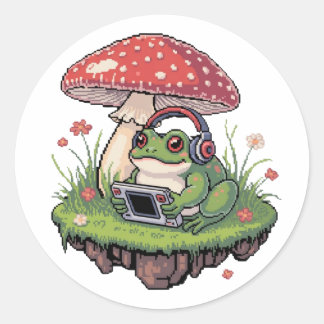 Cozy Pixel Gamer Frog Mushroom Classic Round Sticker