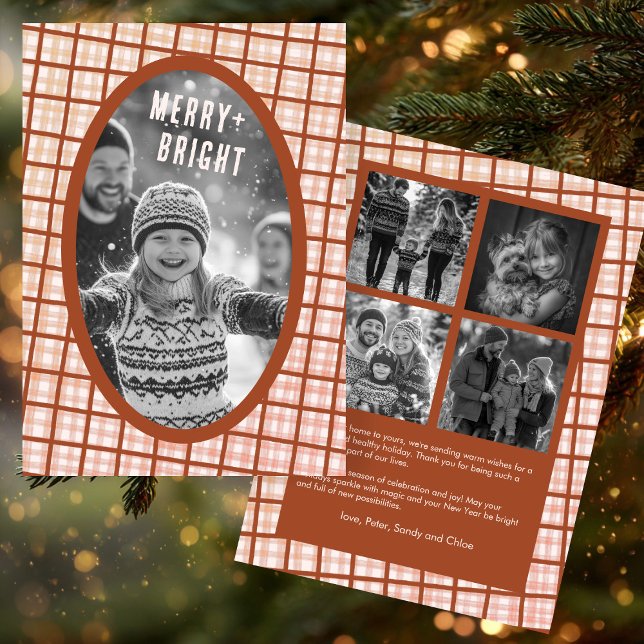 Cozy Plaid Gingham Christmas Custom Photo Collage Holiday Card (Cozy Plaid Gingham Brown Neutral Christmas Custom 5 Photo Collage Holiday Card
)