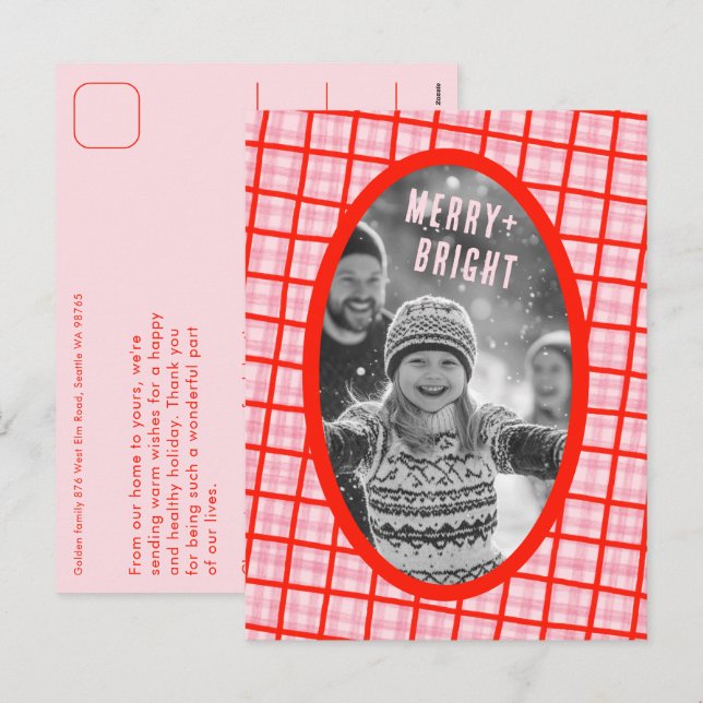 Cozy Plaid Gingham Christmas Custom Photo Collage Holiday Postcard (Front/Back)