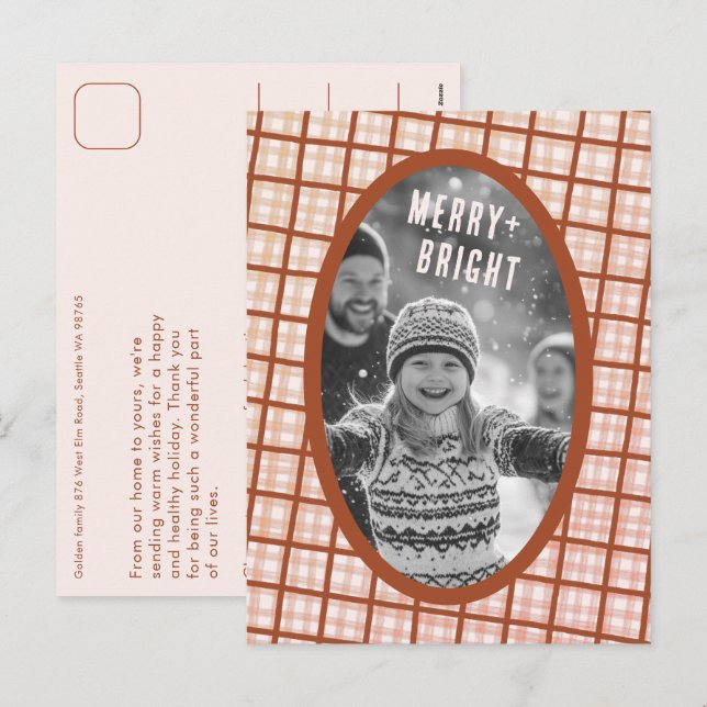 Cozy Plaid Gingham Christmas Custom Photo Collage Holiday Postcard (Front/Back)