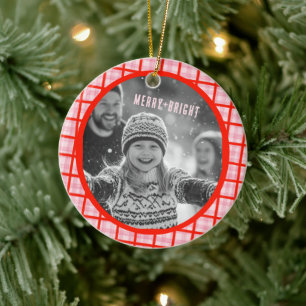 Cozy Plaid Gingham Christmas Custom Photos Ceramic Ornament