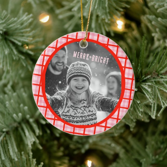 Cozy Plaid Gingham Christmas Custom Photos Ceramic Ornament (Tree)