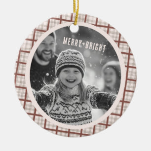 Cozy Plaid Gingham Christmas Custom Photos Ceramic Ornament