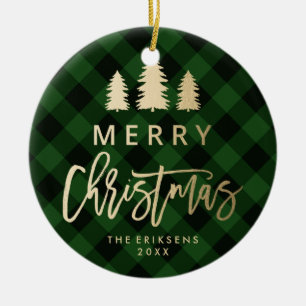 Cozy Plaid   Green and Black Buffalo Plaid Photo Ceramic Ornament