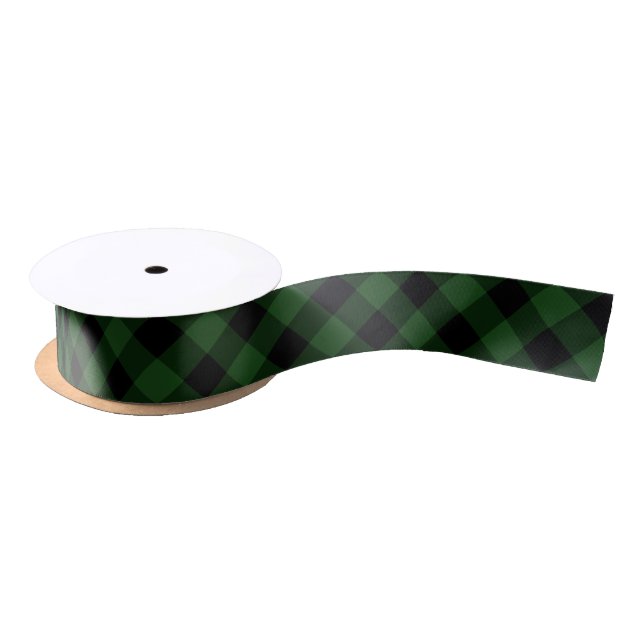 Cozy Plaid | Green and Black Buffalo Plaid Satin Ribbon (Spool)