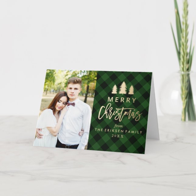 Cozy Plaid Holiday Photo Greeting Card in Green (Front)