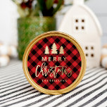 Cozy Plaid | Red and Black Buffalo Plaid Classic Round Sticker<br><div class="desc">Show off your Christmas spirit with rustic holiday stickers. The Cozy Plaid stickers feature a red and black buffalo plaid pattern background, faux gold foil graphics and text that say "Merry Christmas", and your custom text below. The Christmas stickers are perfect to use as envelope seals, party favours, and more....</div>