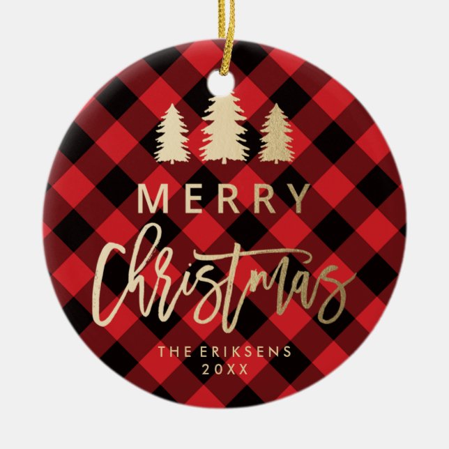 Cozy Plaid | Red and Black Buffalo Plaid Photo Ceramic Ornament (Front)