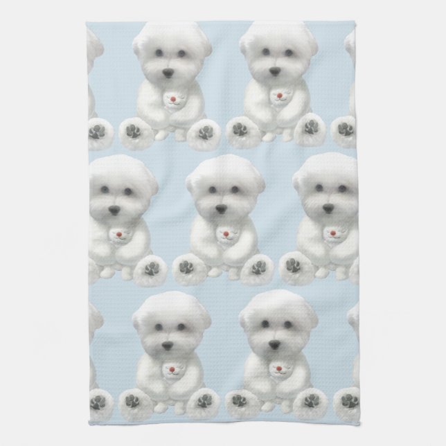 Cozy Plush Moment: Smiling Bichon Hugging Mini Kitchen Towel (Vertical)