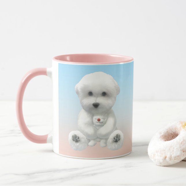 Cozy Plush Moment: Smiling Bichon Hugging Mini Pup Mug (With Donut)