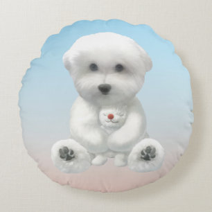 Cozy Plush Moment: Smiling Bichon Hugging Mini Pup Round Pillow