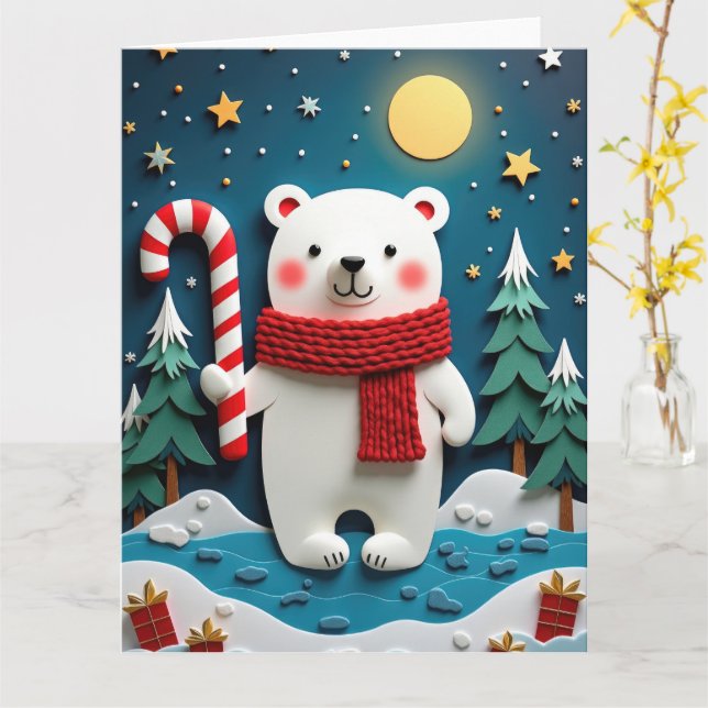Cozy Polar Bear in Winter Wonderland Christmas Card (Yellow Flower)