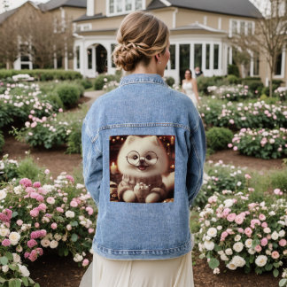 Cozy Pomeranian in Sweater with Hot Cocoa Denim Jacket