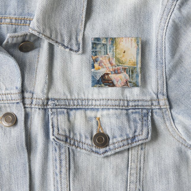 Cozy Porch with Quilt and Lemonade Charm 2 Inch Square Button (In Situ)