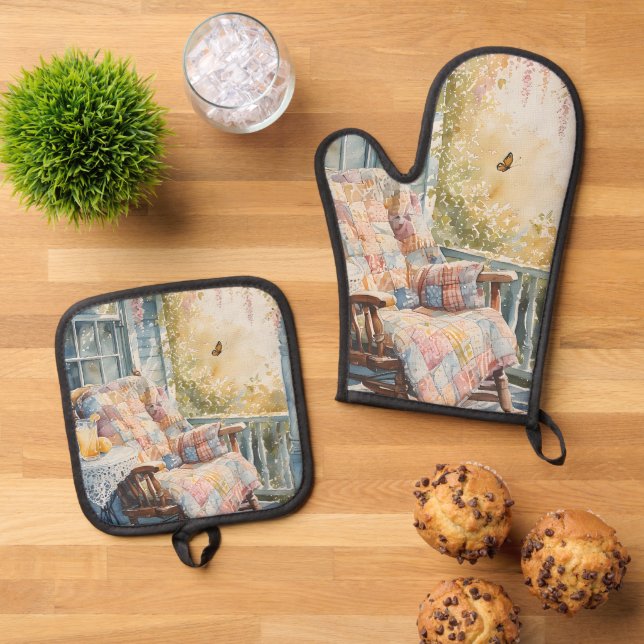 Cozy Porch with Quilt and Lemonade Charm Oven Mitt & Pot Holder Set (Top Down)