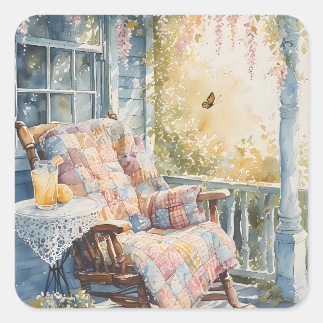 Cozy Porch with Quilt and Lemonade Charm Square Sticker (Front)
