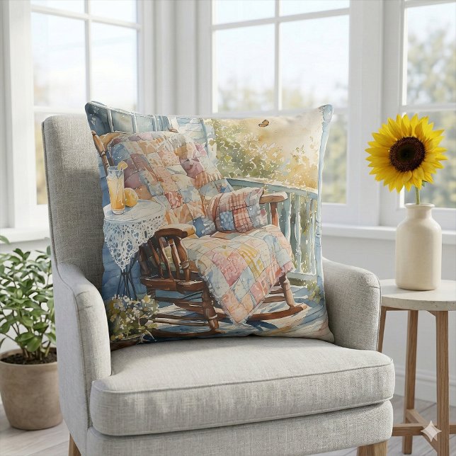 Cozy Porch with Quilt and Lemonade Charm Throw Pillow (Cozy Porch with Quilt and Lemonade Charm Throw Pillow Mockup A)