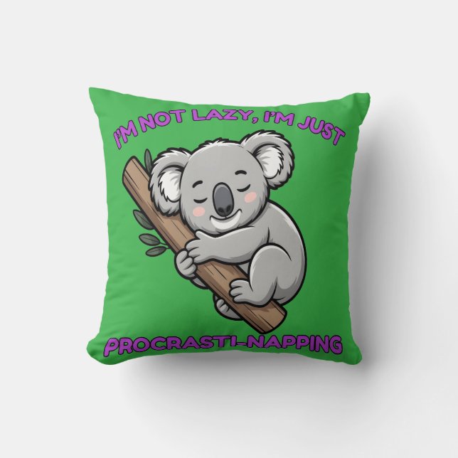 Cozy Procrasti-napping Koala Bear Throw Pillow (Front)