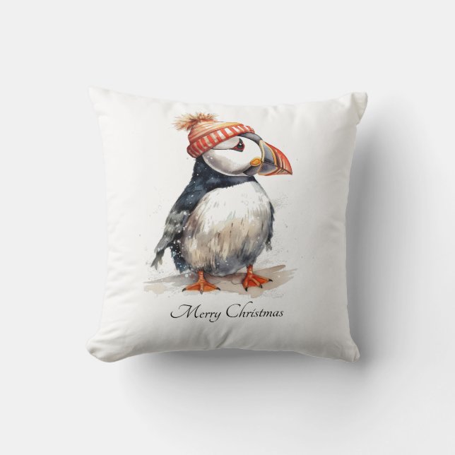 Cozy Puffin Coastal Christmas Throw Pillow (Front)