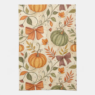Cozy Pumpkin Botanical Autumn Seamless Pattern (1) Kitchen Towel