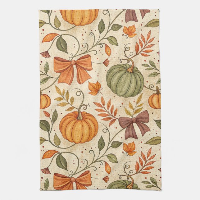 Cozy Pumpkin Botanical Autumn Seamless Pattern (1) Kitchen Towel (Vertical)