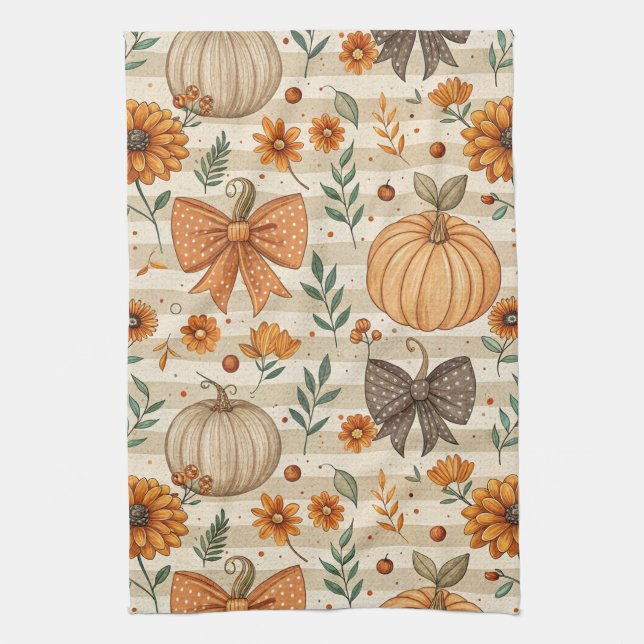 Cozy Pumpkin Botanical Autumn Seamless Pattern (5) Kitchen Towel (Vertical)