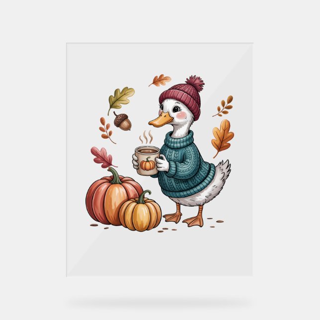 Cozy Pumpkin Coffee Goose Fall Art Acrylic Sign (Front)