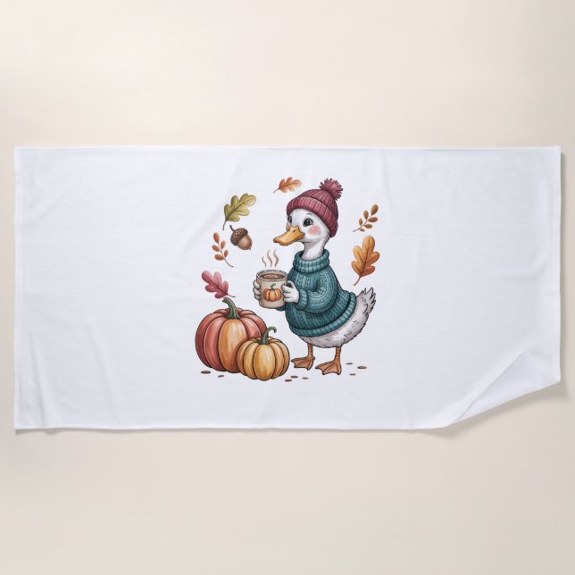 Cozy Pumpkin Coffee Goose Fall Art Beach Towel (Front)