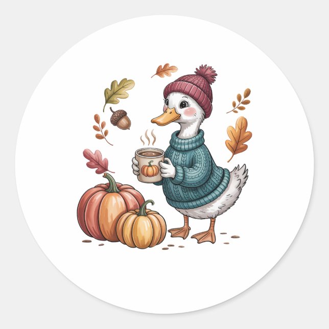 Cozy Pumpkin Coffee Goose Fall Art Classic Round Sticker (Front)
