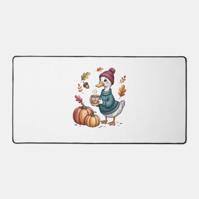 Cozy Pumpkin Coffee Goose Fall Art Desk Mat (Front)