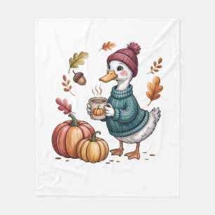 Cozy Pumpkin Coffee Goose Fall Art Fleece Blanket