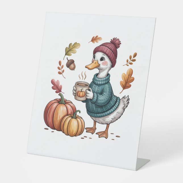 Cozy Pumpkin Coffee Goose Fall Art Pedestal Sign (Front)