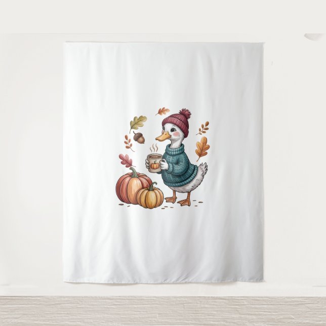 Cozy Pumpkin Coffee Goose Fall Art Tapestry (Front)