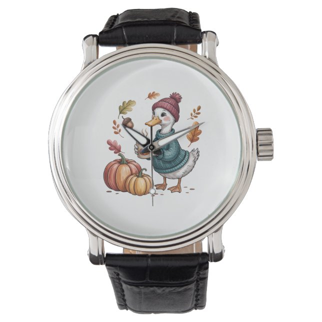 Cozy Pumpkin Coffee Goose Fall Art Watch (Front)