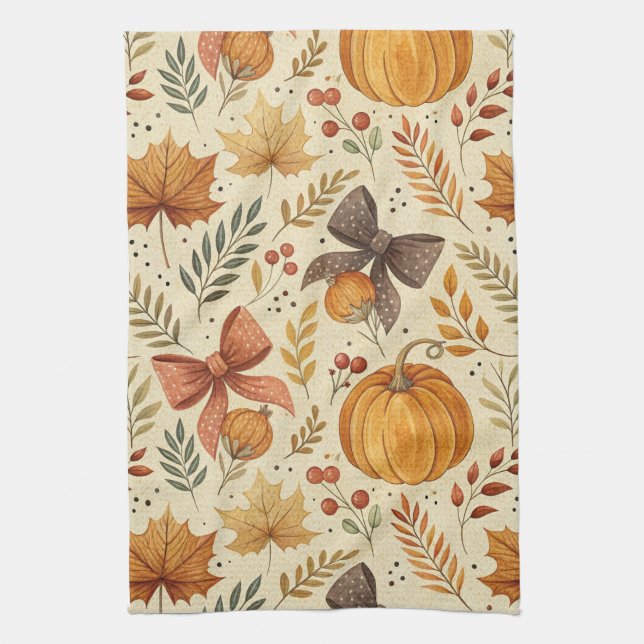 Cozy Pumpkin Floral Autumn Seamless Pattern (2) Kitchen Towel (Vertical)