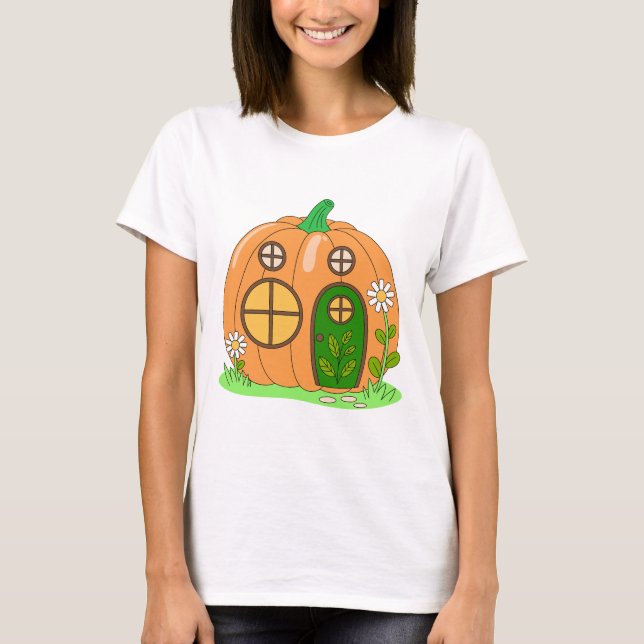 Cozy Pumpkin House Cute Autumn Fall Cartoon Design T-Shirt (Front)