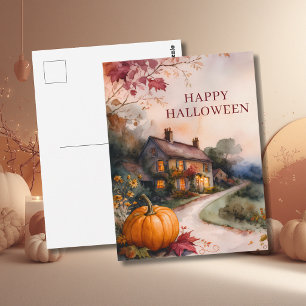 Cozy Pumpkin Path Halloween Postcard