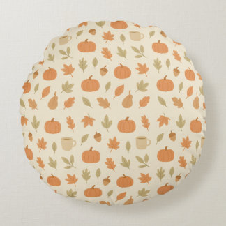 Cozy Pumpkin Spice Autumn Seamless Pattern Round Pillow