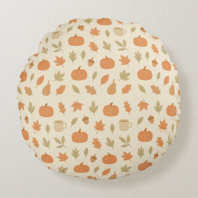 Cozy Pumpkin Spice Autumn Seamless Pattern Round Pillow (Front)