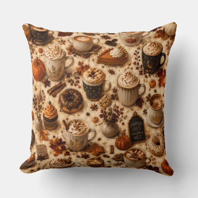 Cozy Pumpkin Spice Coffee Mug | Autumn Fall Latte  Throw Pillow (Front)