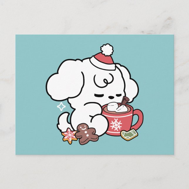 Cozy Puppy Dreams – Hot Chocolate and Christmas Holiday Postcard (Front)