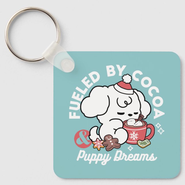 Cozy Puppy Dreams – Hot Chocolate and Christmas Keychain (Front)