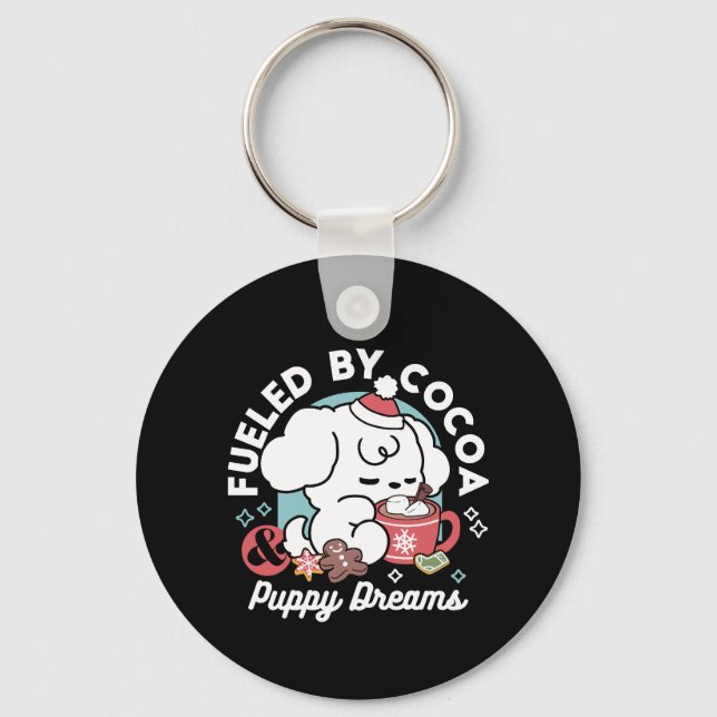 Cozy Puppy Dreams – Hot Chocolate and Christmas Keychain (Front)