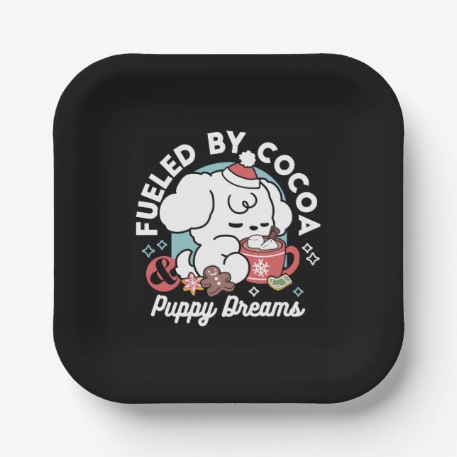 Cozy Puppy Dreams – Hot Chocolate and Christmas Paper Plate (Front)
