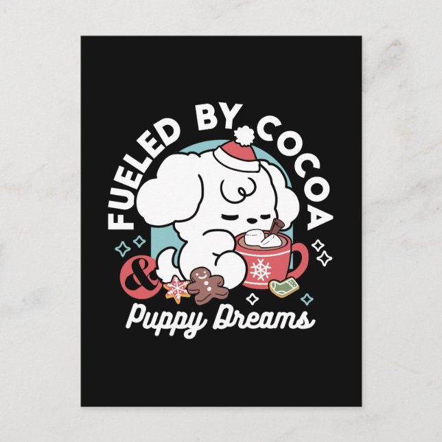 Cozy Puppy Dreams – Hot Chocolate and Christmas Postcard (Front)