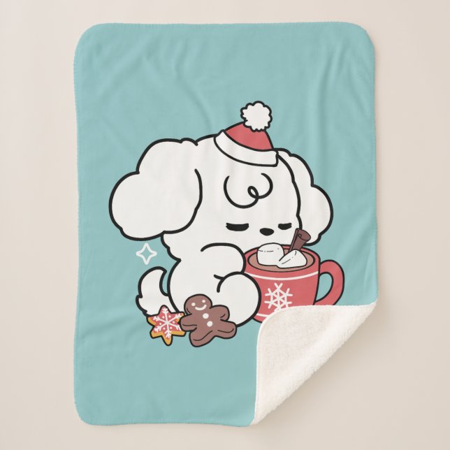 Cozy Puppy Dreams – Hot Chocolate and Christmas Sherpa Blanket (Front)
