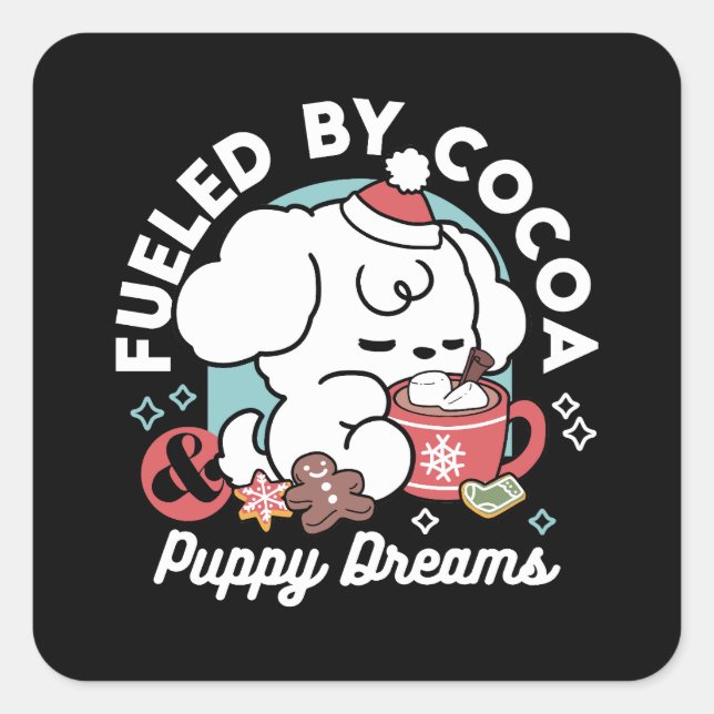 Cozy Puppy Dreams – Hot Chocolate and Christmas Square Sticker (Front)